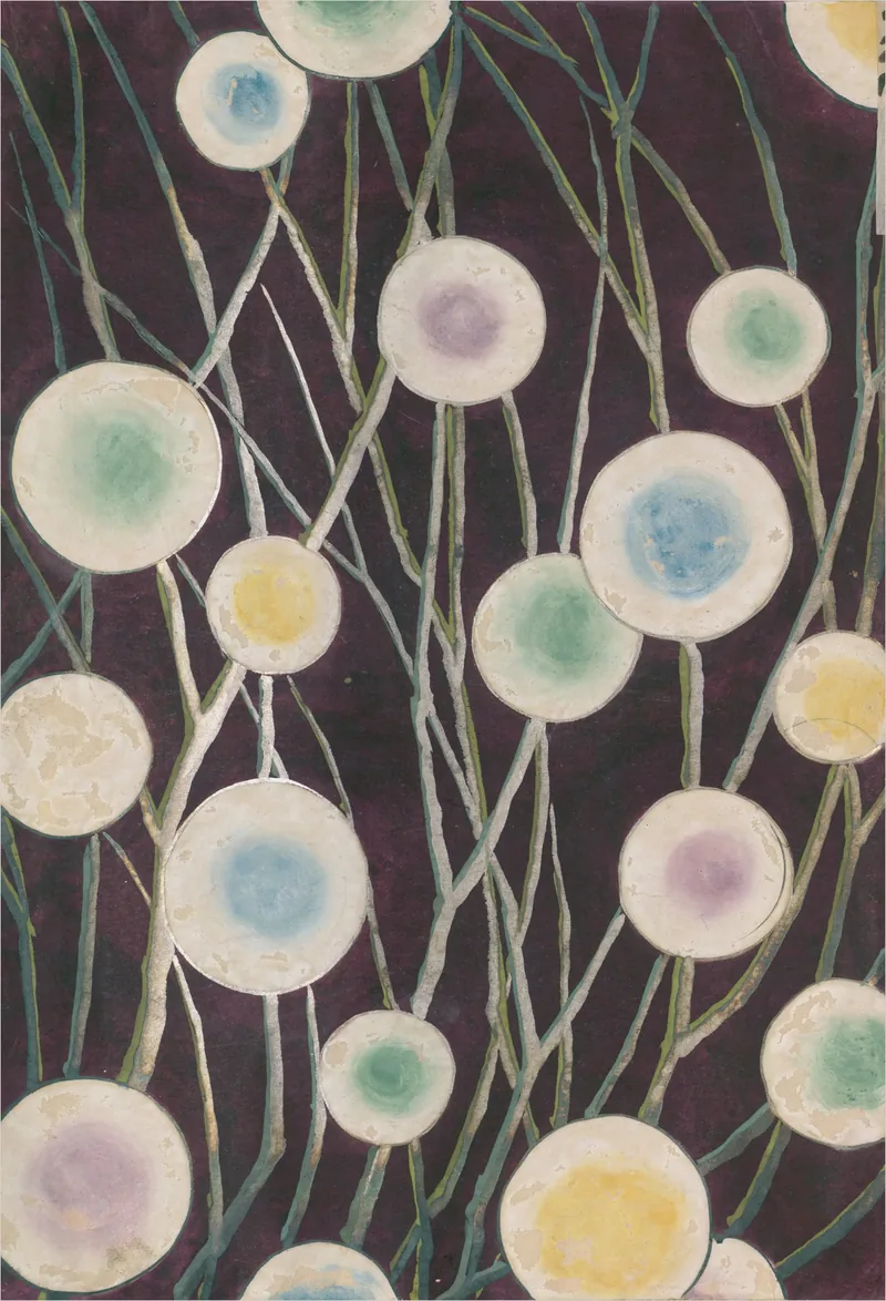 White, blue and yellow discs float over thin crossing stems on a deep aubergine ground.