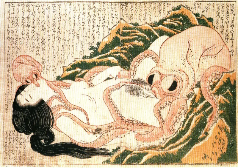 A woman lies back among rocks with two octopuses wrapped around her, with columns of text filling the top of the print.