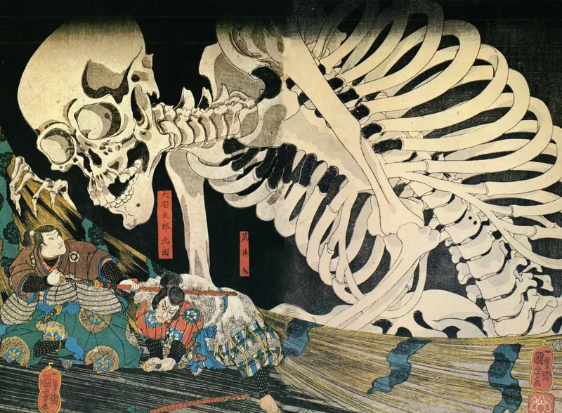 A huge skeleton leans out of a dark background over two seated figures at the lower left, its skull and rib cage filling most of the sheet.